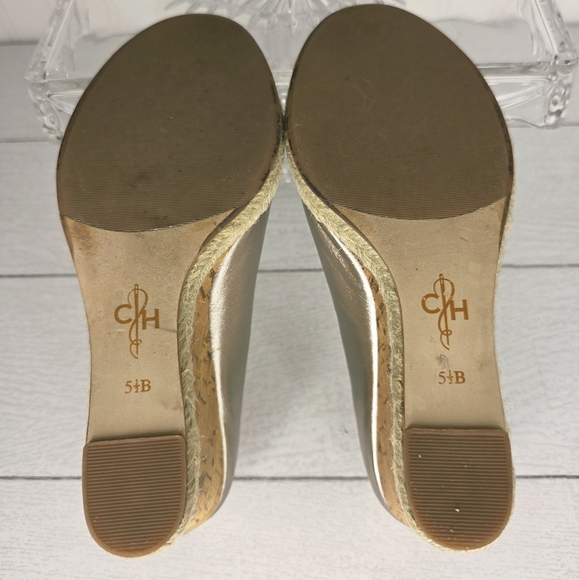 Cole Haan Air Jocelyn OT Wedge Gold Leather & Cork Peep Toe Wedge Heel Size 5.5B - Picture 6 of 8